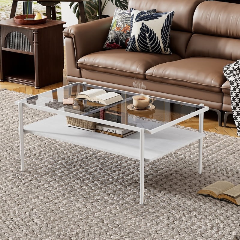 Rectangle Coffee Table with Gray Tempered Glass top & Metal Legs, Modern Table for Living Room