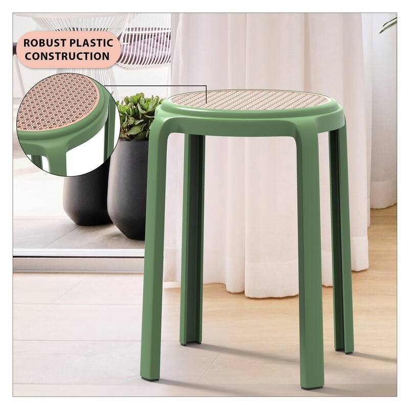 Round Plastic Dining Stool with Wicker Top Tresse Series by LeisureMod - 17.7" H x 13.4" W x 13.4" D
