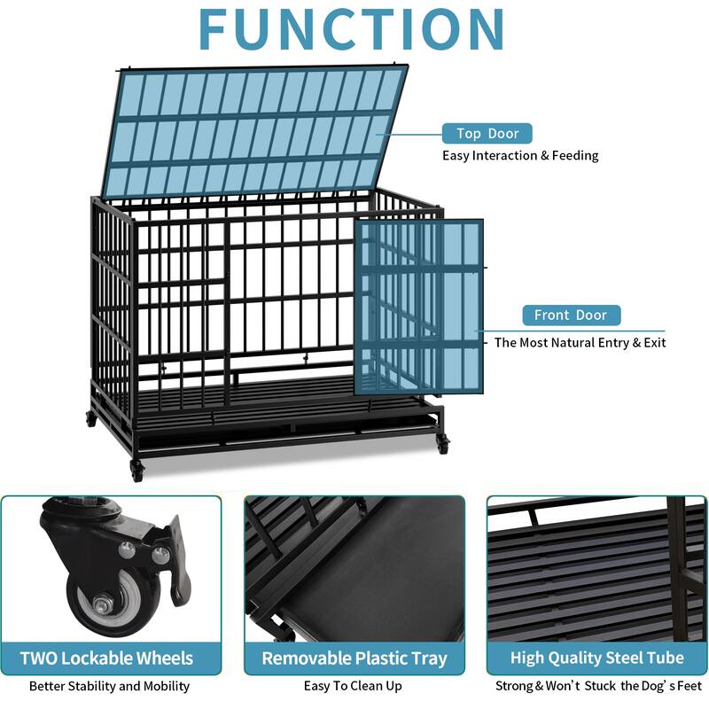48 Inch Heavy Duty Indestructible Dog Crate with Wheels for Large and Medium Dogs, Cage with Removable Plastic Tray