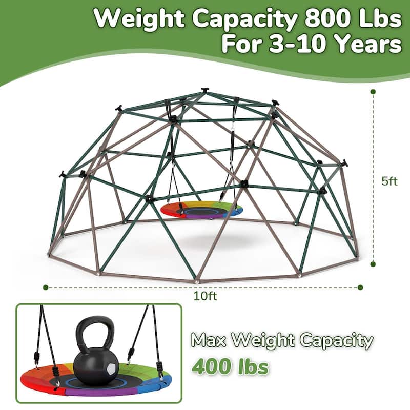 10 ft Climbing Dome Swing Set with Saucer Swing, Jungle Gym for Kids Outdoor Playset for Ages 3-12 - 10ftx10ft