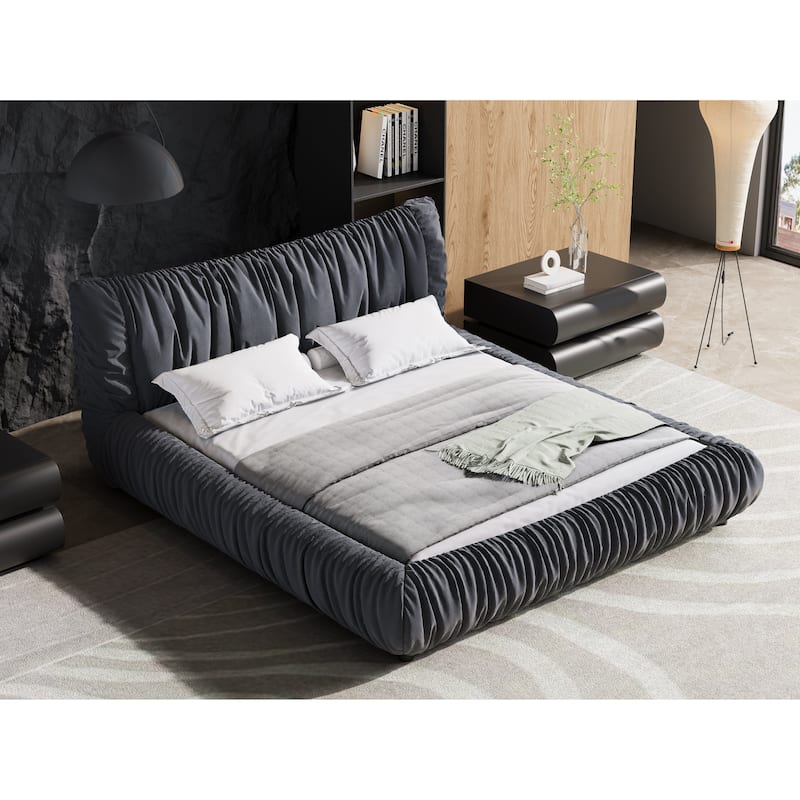 King Size Low Profile Platform Bed with Removable Cushion and Solid Wood Frame Modern Fully Upholstered Bed Frame with Headboard