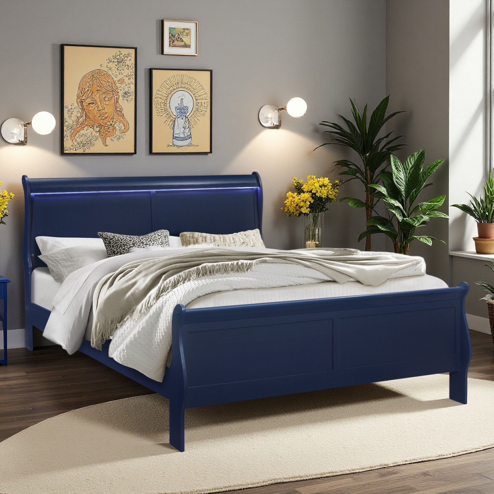 Twin Size Solid Wood Sleigh Bed with LED Lighting
