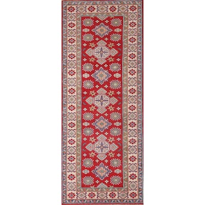Geometric Kazak Runner Rug Handmade Oriental Wool Carpet - 2'8" x 7'9"