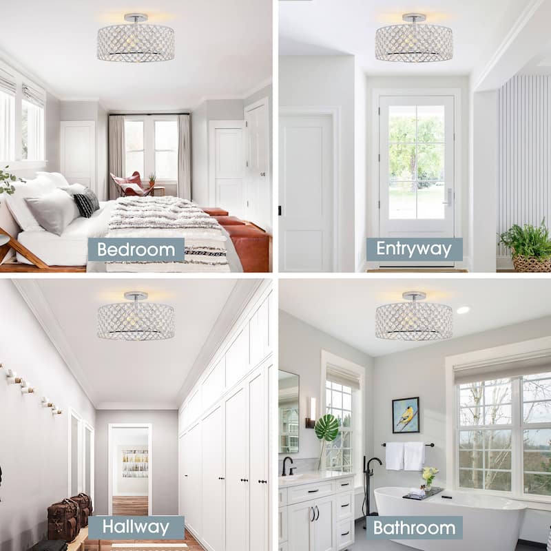 15" Modern Glam 3-Light Crystal Semi Flush Mount Ceiling Lights
