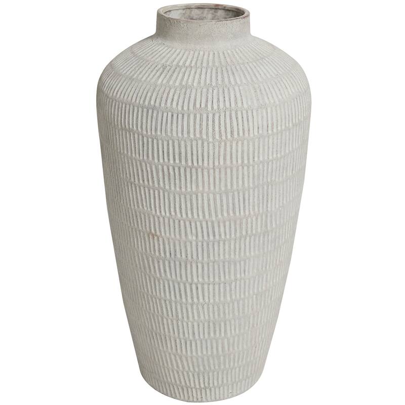 Cream Ceramic Textured Decorative Vase with Linear Pattern - 12"W, 23"H