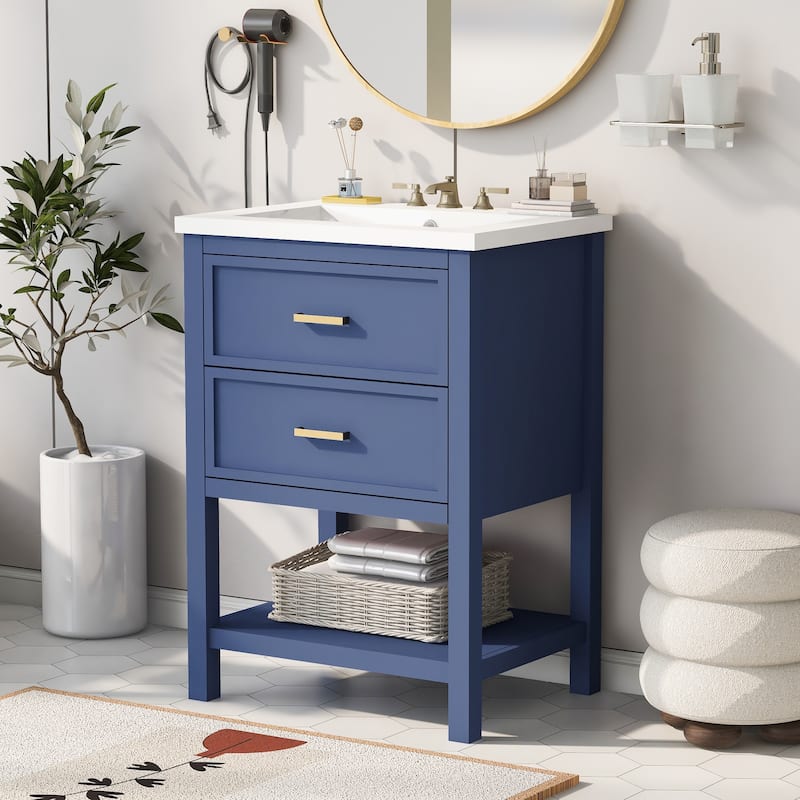Bathroom Vanity with Top Sink, Bathroom Storage Cabinet with 2 Doors, Single Bathroom Vanity with 2 Drawers and Open Shelf