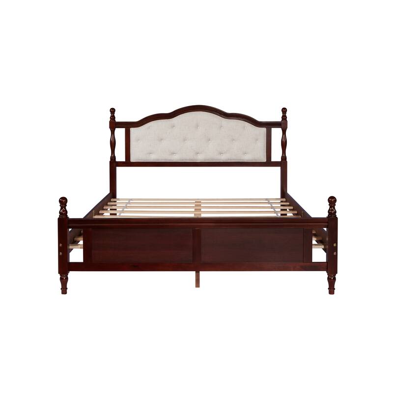 Roomfitters Queen Pine Wood Bed Frame with Upholstered Headboard and Panel Footboard, Platform Support Design, Cherry