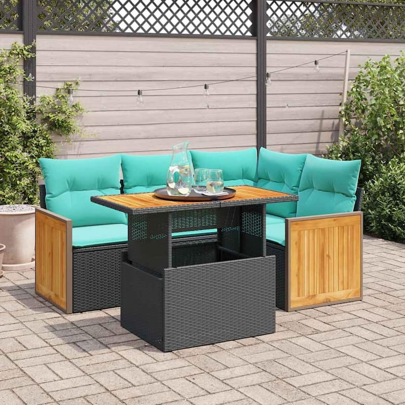 vidaXL Patio Sofa Set with Cushions Outdoor Furniture 5 Piece Poly Rattan - 21.7 x 24.4 x 27.2 - Black-with storage