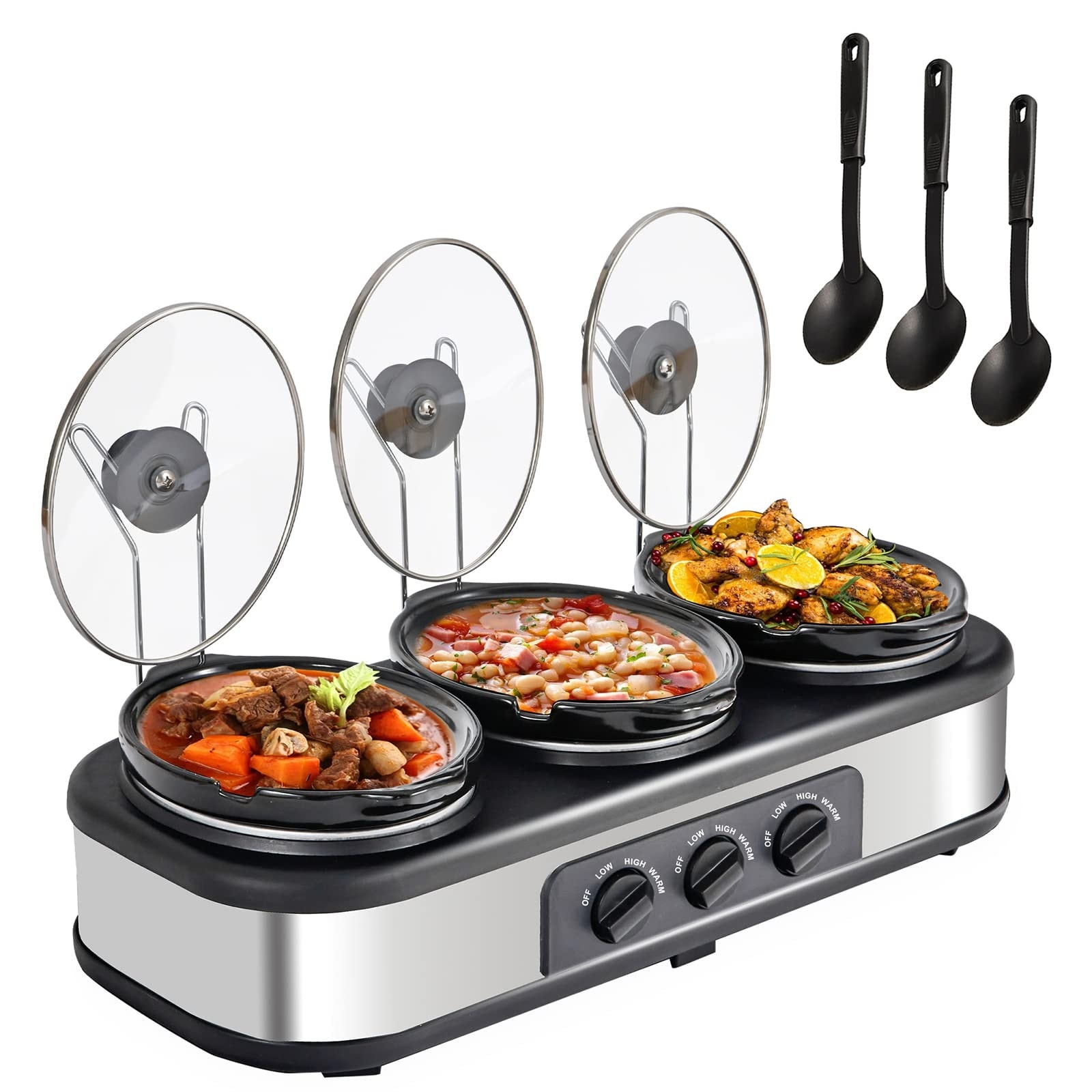 Triple Slow Cooker with 3 Spoons, 3 Pot 1.5 Quart Oval Crock Food Warmer  Buffet Server, Stainless Steel 