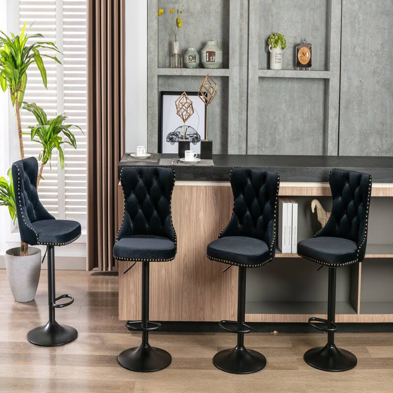 Homy Lin Swivel Bar Stool with Nailhead Trim&Gold Metal Base–Adjustable Height, 360° Swivel – Home Bar & Kitchen Island Seating