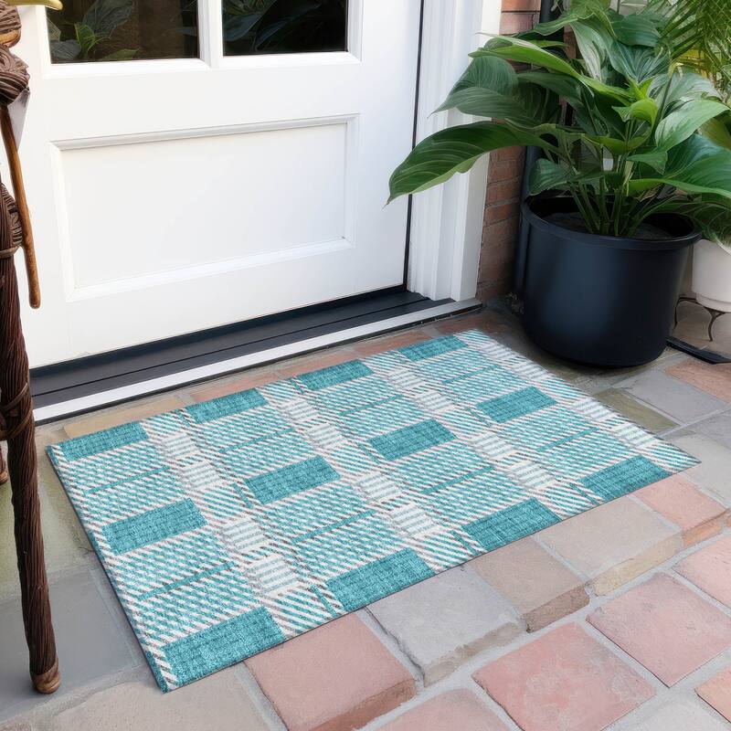 Machine Washable Indoor/ Outdoor Geometric Stripe Chantille Rug - Teal - 1'8" x 2'6"