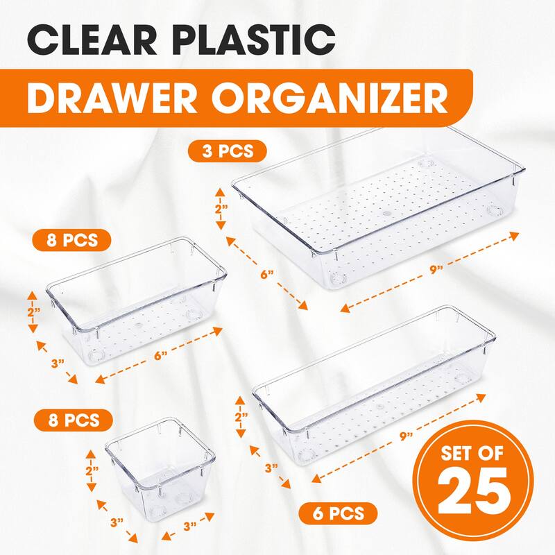 Cheer Collection 25 Piece Clear Plastic Drawer Organizer Set with Non-Slip Silicone Feet - 25 pcs