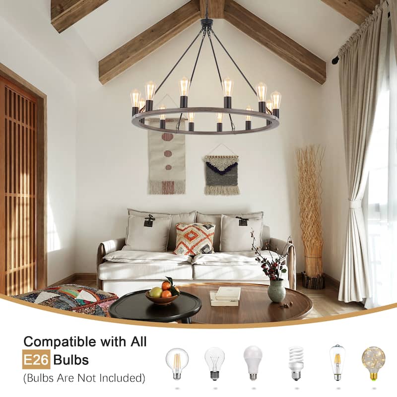 12-Light Circel Candlestick Wagon Wheel Chandelier Hanging Linear Chandelier Lighting for Kitchen Island