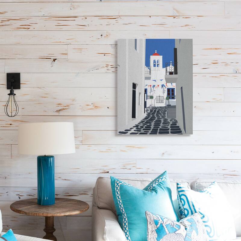 Stupell European Coastal City Street White Blue Architecture Canvas Wall Art