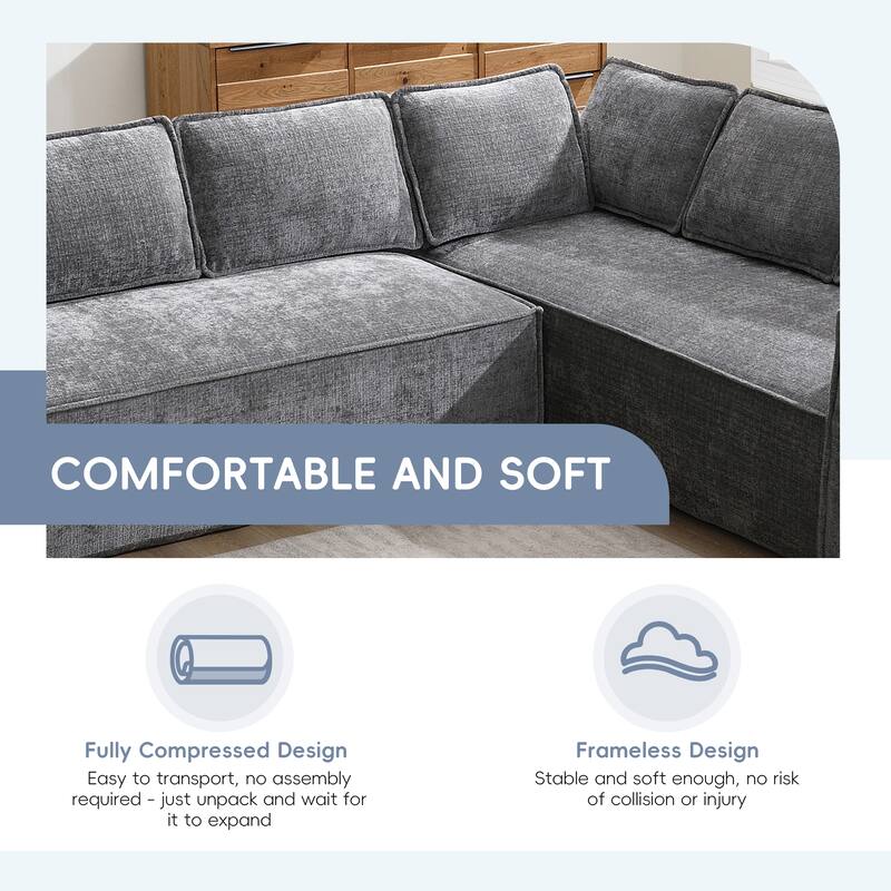 129.5" Chenille Modular Sectional Sofa with Wrinkle-Resistant Fabric, 6-Seater L-Shaped Cloud Couch, No Assembly Required