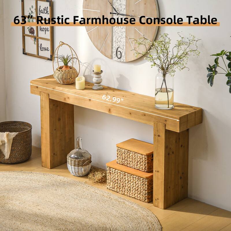 63" Solid Wood Console Table - Rustic Farmhouse Sofa Table, Narrow Rectangular Design For Entryway, Hallway Or Behind Couch