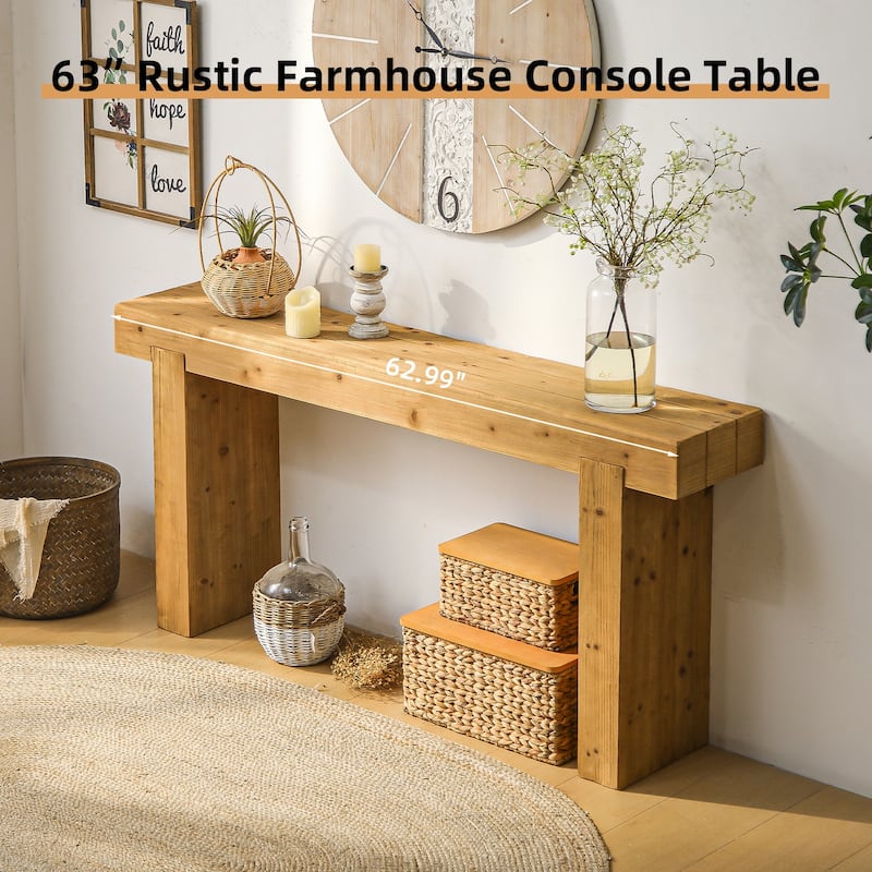 63" Solid Wood Console Table - Rustic Farmhouse Sofa Table for Entryway, Hallway, or Behind Couch, Narrow Rectangular Design