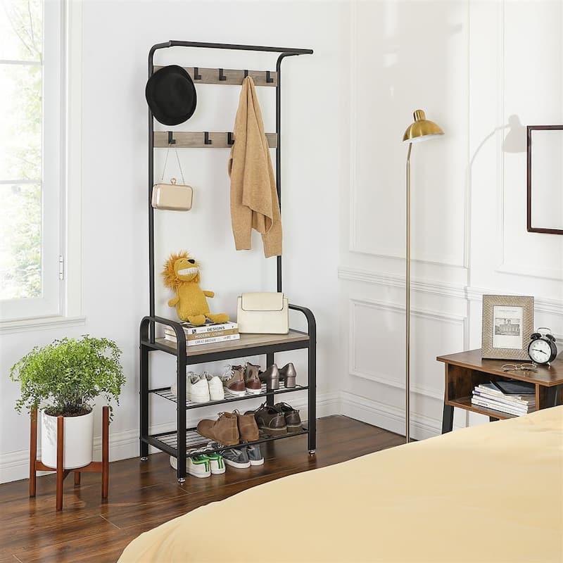 Grey-Black Hall Tree Entryway Storage Shelf with Wood Look Accent and Metal Frame - 13.3"D x 28.3"W x 72.1"H