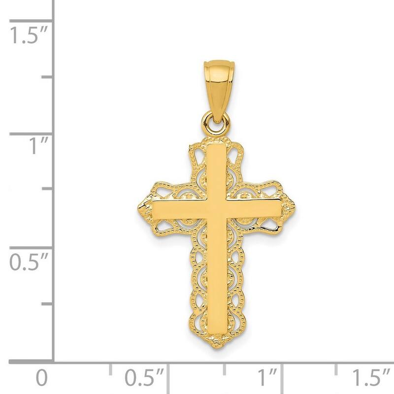 Curata 14k Yellow Gold 18" Textured Polished Lace Trim Cross Pendant Necklace