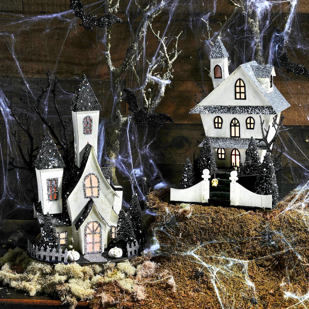 12.5-13.5" LED Battery Operated Timer Cardboard Haunted House Set of 2