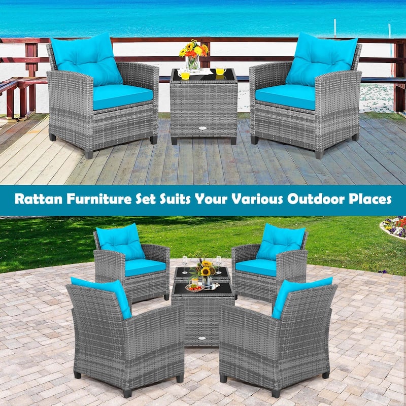 Costway 3PCS Patio Rattan Furniture Bistro Set Cushioned Sofas Side - See Details