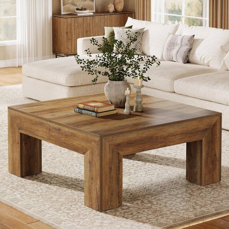 39.4-Inch Square Coffee Table for Living Room, Farmhouse Accent Center Cocktail Table with Sturdy Wooden Legs