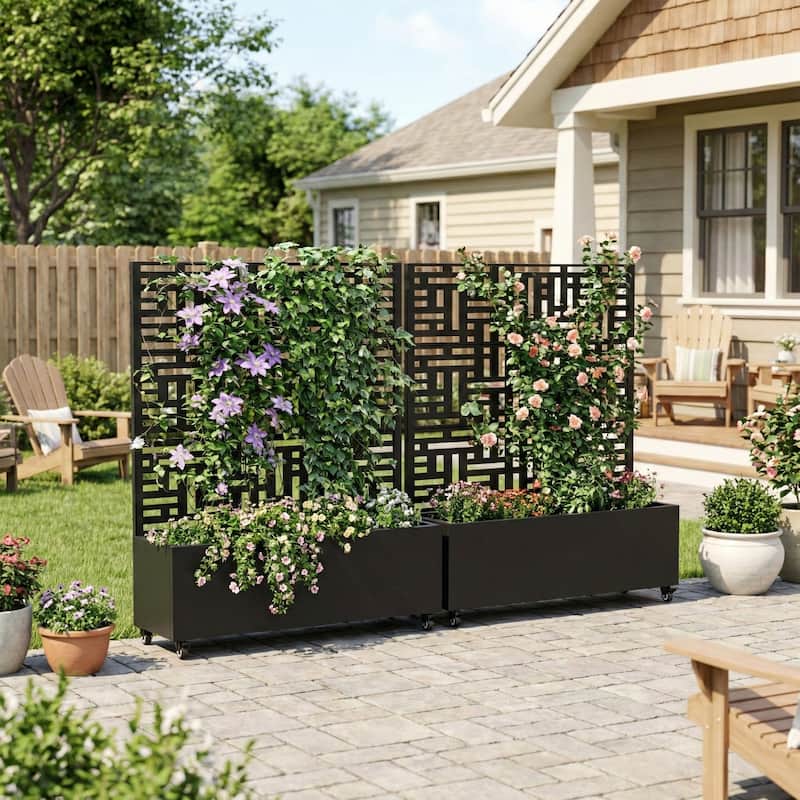 Metal Planter Box with Trellis Privacy Screen Planter Box with Lockable Wheels Set of 2