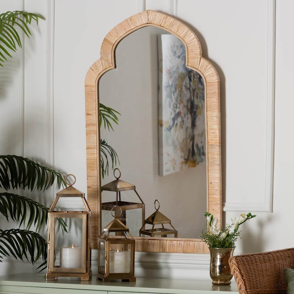 Plautilla Natural Rattan Arched Wall Mirror - Decorative Hand Wrapped Wicker Accent Mirror for Entryway, Bedroom, or Living Room