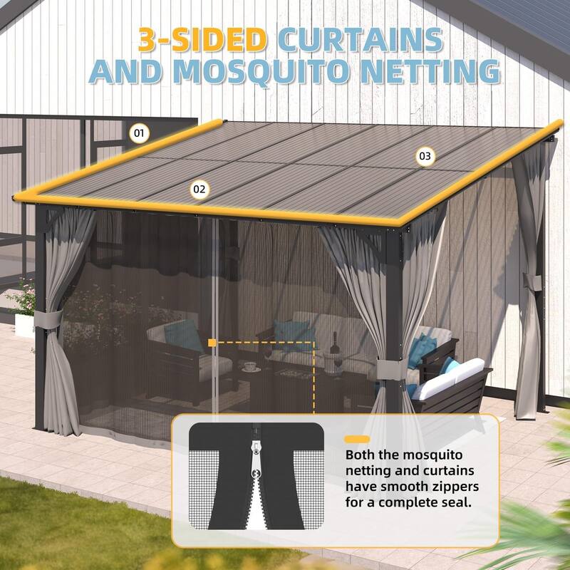 AECOJOY Gazebo for Patio, Small Wall-Mounted Lean to Pergola 8x8 Gazebo with Curtains and Netting, Hard Top Gazebo on Clearance
