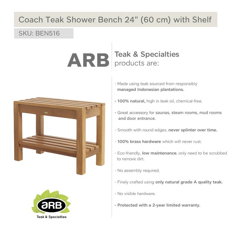 Teak Shower Bench Coach 24" (60 cm) with shelf
