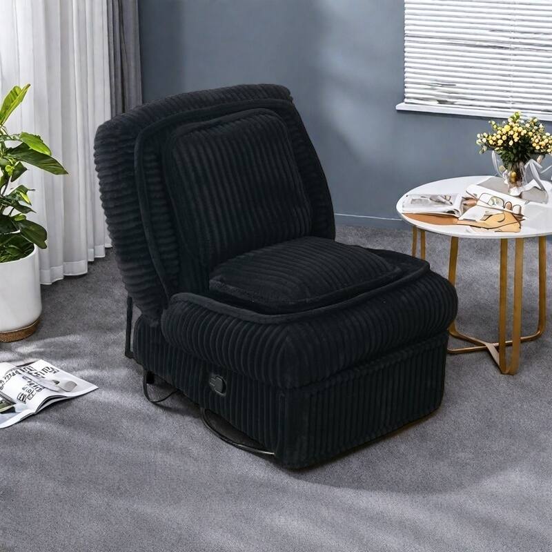 Corduroy Recliner Chair with 360° Swivel, Rocking Base and Adjustable Backrest, Footrest & Pillow for Living Room - Black