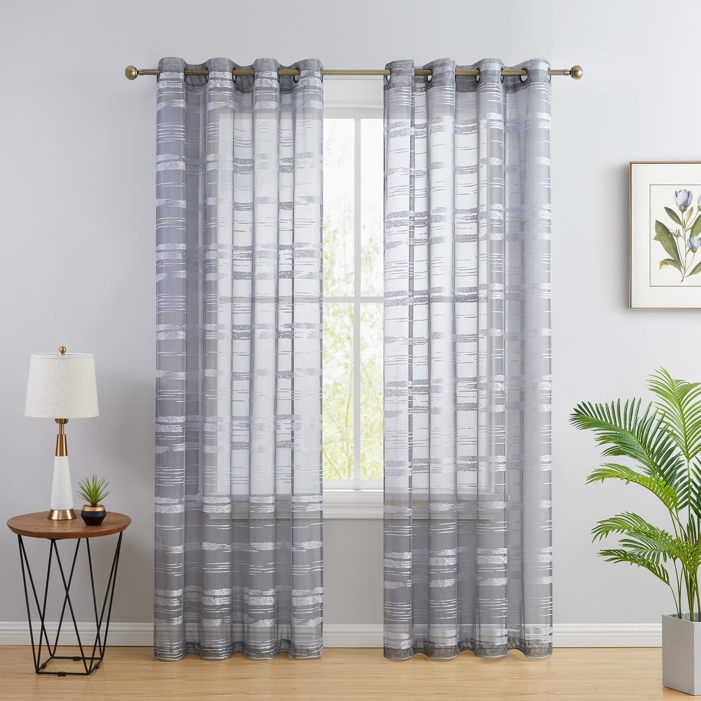 HLC.me Broadway Stripe Decorative Sheer Light Filtering Grommet Window Treatment Curtain Panels Bedroom - Set of 2 Panels