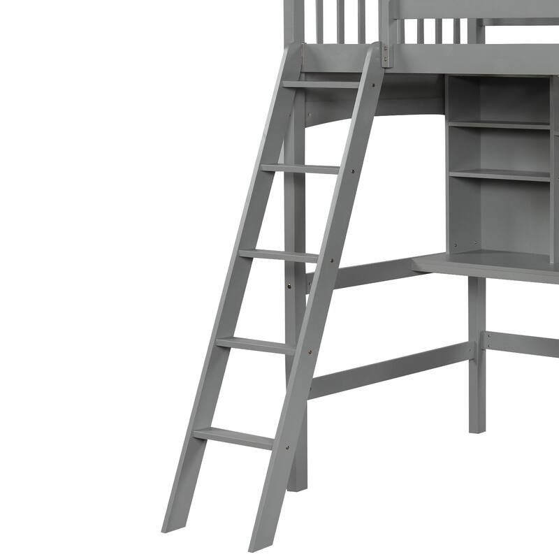 Twin Size High Loft Bed with Built-in Desk, Storage Shelves and Ladder