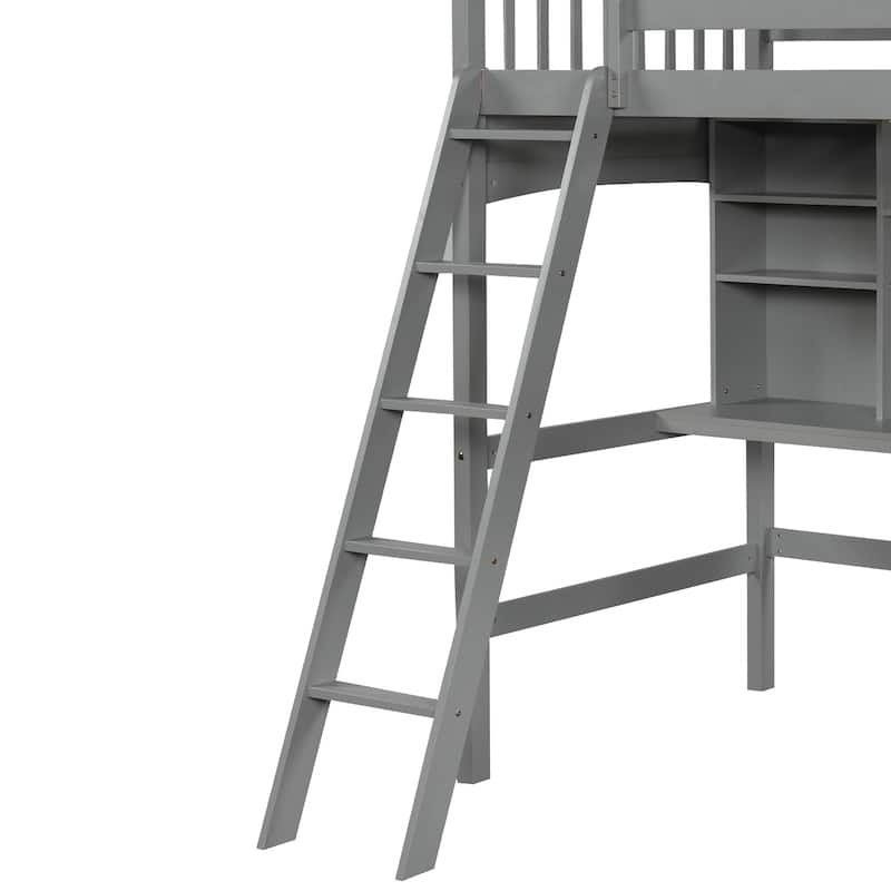 Twin size Loft Bed with Storage Shelves, Desk and Ladder, Gray