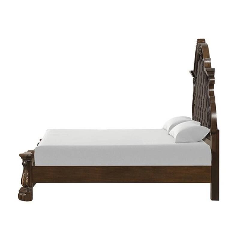 Leova Queen Bed, Bombay Headboard, Faux Leather Upholstery, Dark Brown
