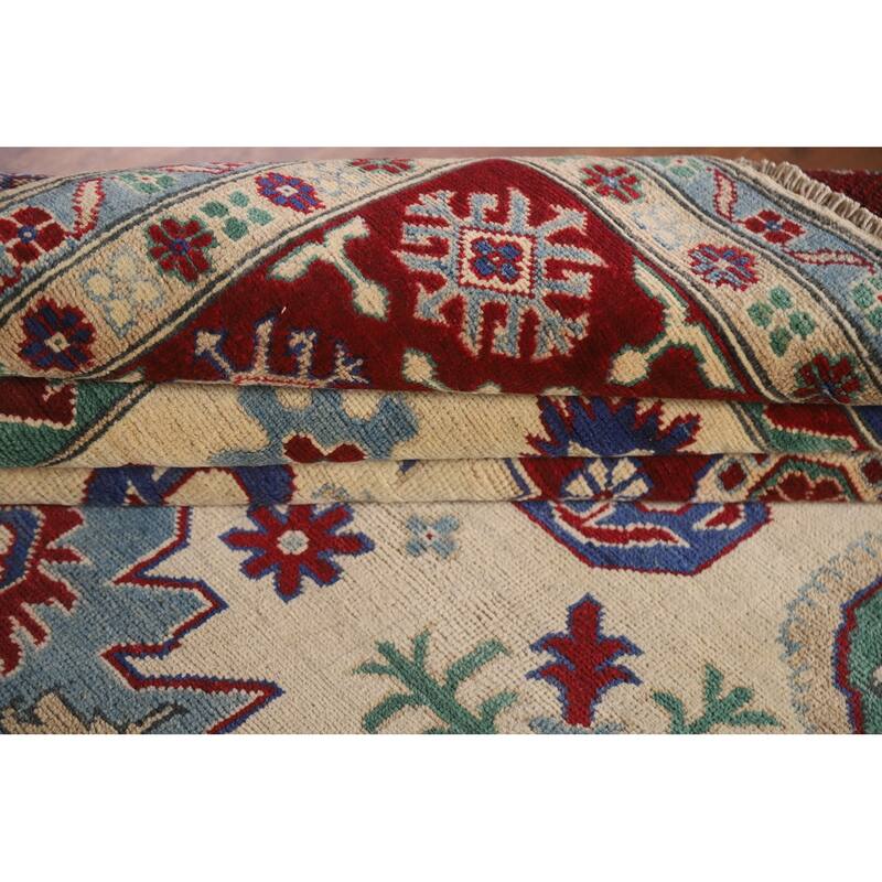 Hand Knotted Oriental 100% Wool Carpet Traditional Geometric Beige & Ivories Kazak Area Rug - 10' 1'' X 6' 7''