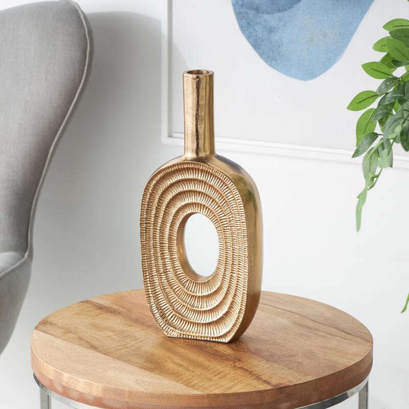Aluminum Metal Geometric Circular Decorative Vase with Linear Etchings - Gold or Silver - Roche River Decor