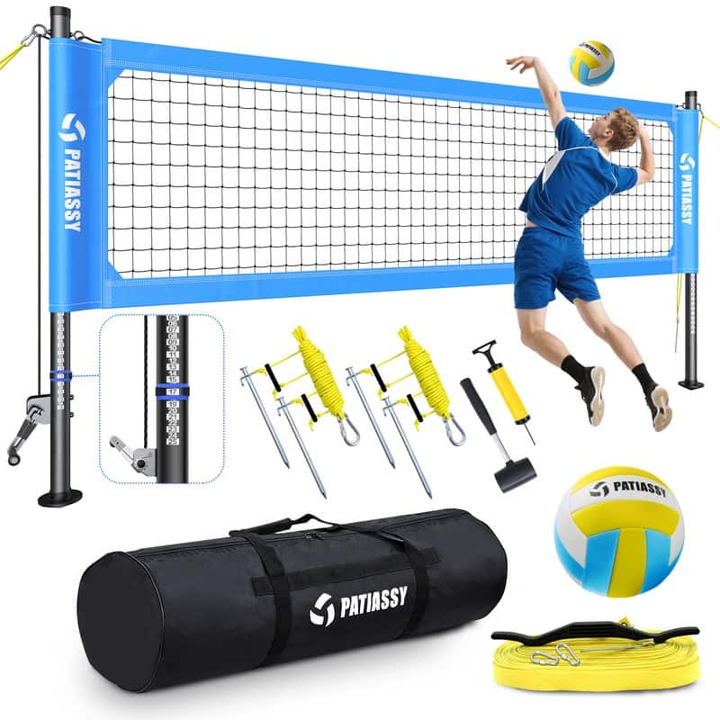 Portable Professional Volleyball Net Set with Adjustable Height Aluminum Poles for Outdoor Backyard Beach - Blue