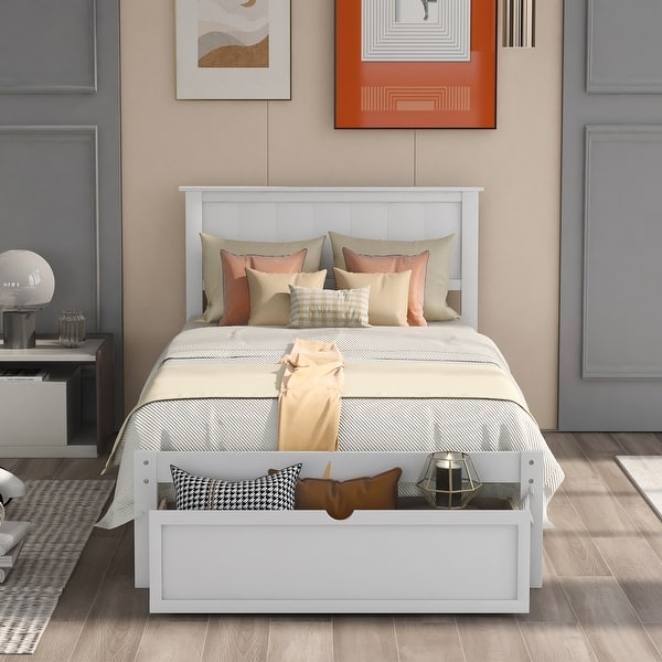 slide 2 of 9, Wood Twin Kids Bed Frame with Headboard and Storage Drawers, Wooden Platform Bed Frame Twin Size for Kids, No Box Spring Needed White - Twin