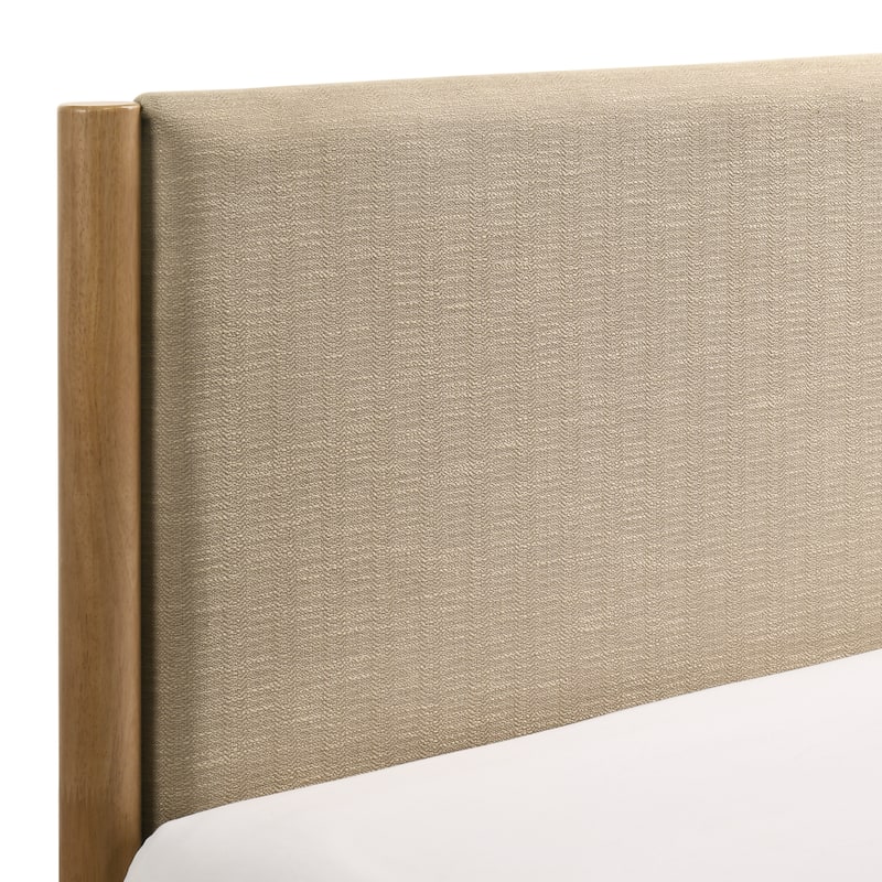 Queen Light Walnut Platform Bed with Upholstered Headboard, No Box Spring Needed