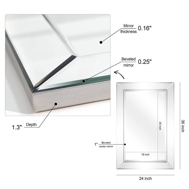 Beveled Rectangular Clear HD Wall Mounted Mirror for Bathroom, Vanity, Bedroom Mirrors, 3 sizes