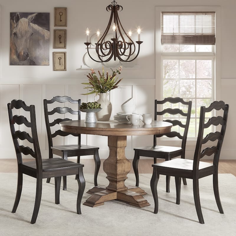 Eleanor Oak Round Solid Wood Top Ladder Back 5-piece Dining Set by iNSPIRE Q Classic - Oak Table - Antique Black Chairs