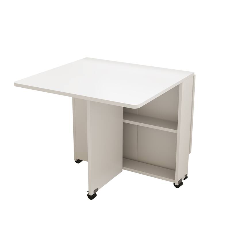 Space-Saving Drop-Leaf Table‌ – 47.2"L x 23.6"W x 30.3"H, White Finish With 6 Wheels & 2-Tier Storage Shelf (Foldable Design)