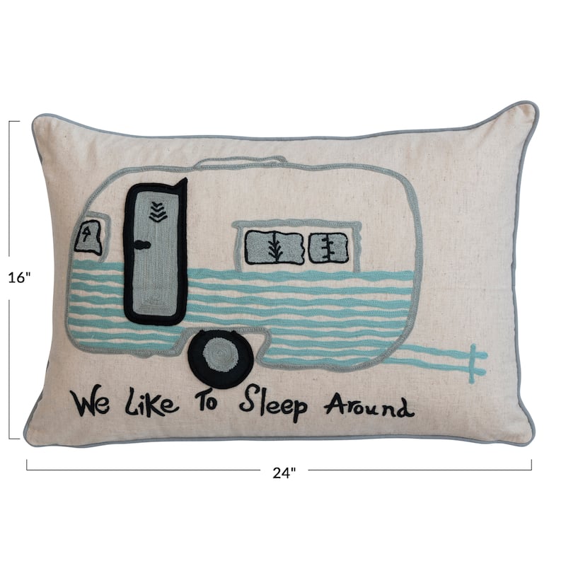 Cotton Lumbar Pillow with Embroidered Camper Design and Message