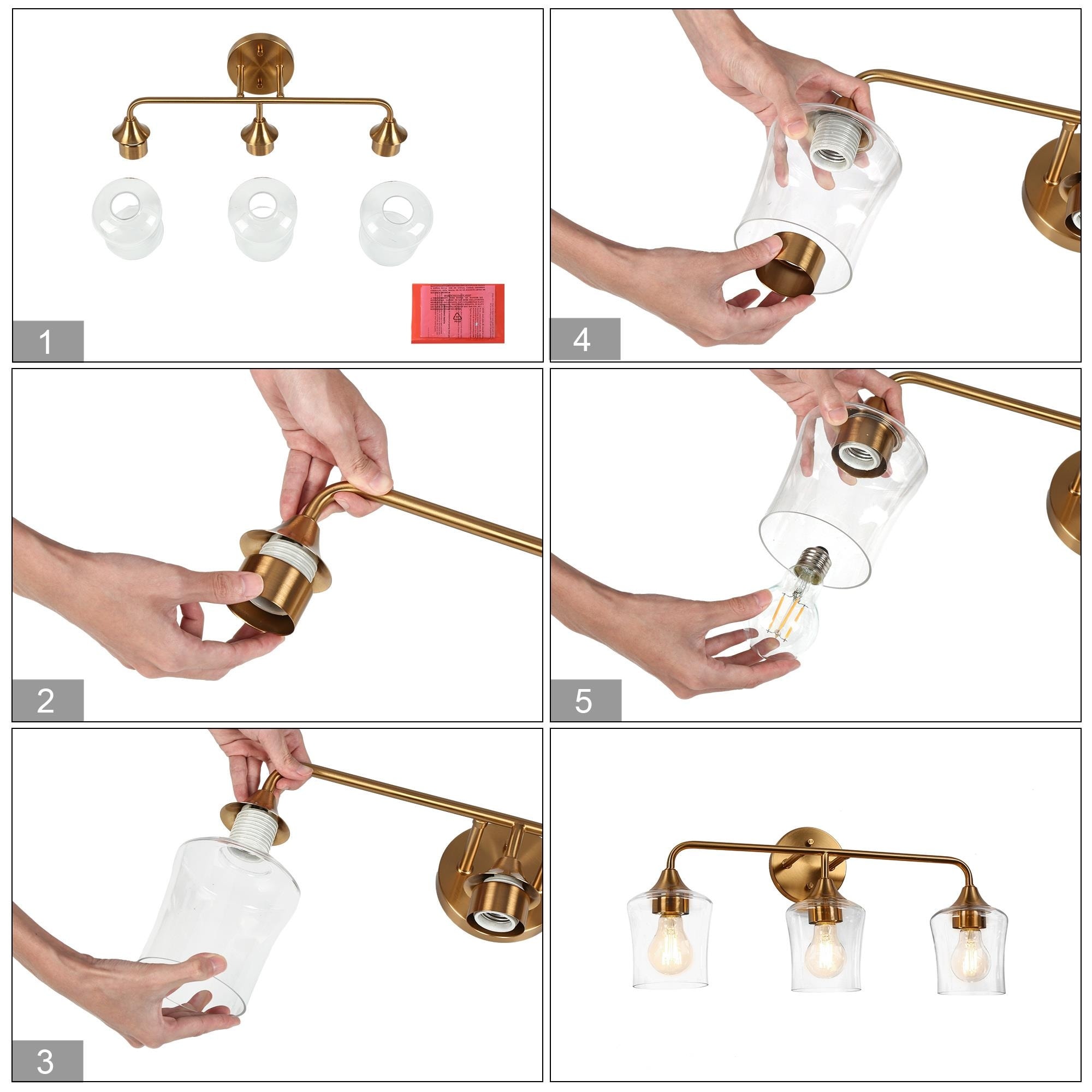 Modern 3-Light Gold Wall Sconces Clear Glass Vanity Light for