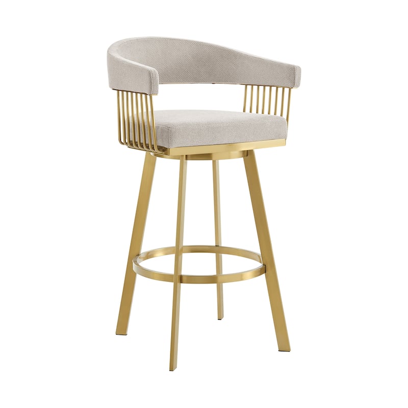 HomeRoots 30" Taupe and Gold Fabric and Stainless Steel Low Back Bar Height Swivel Bar Chair