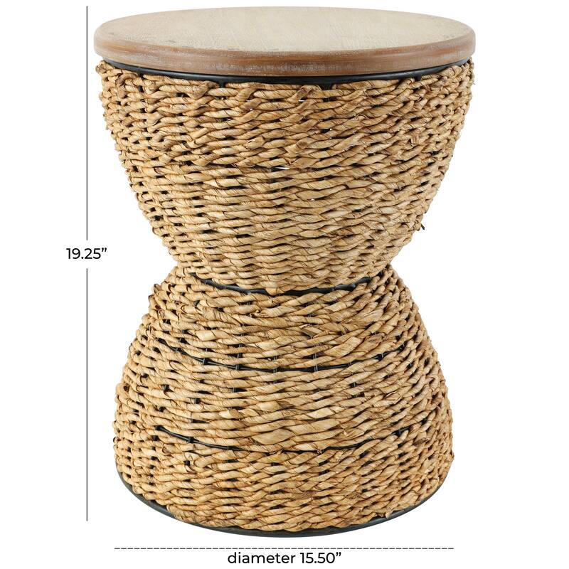 Light Brown or Brown Rattan Handmade Woven Side End Accent Table with Wood Tabletop and Black Frame