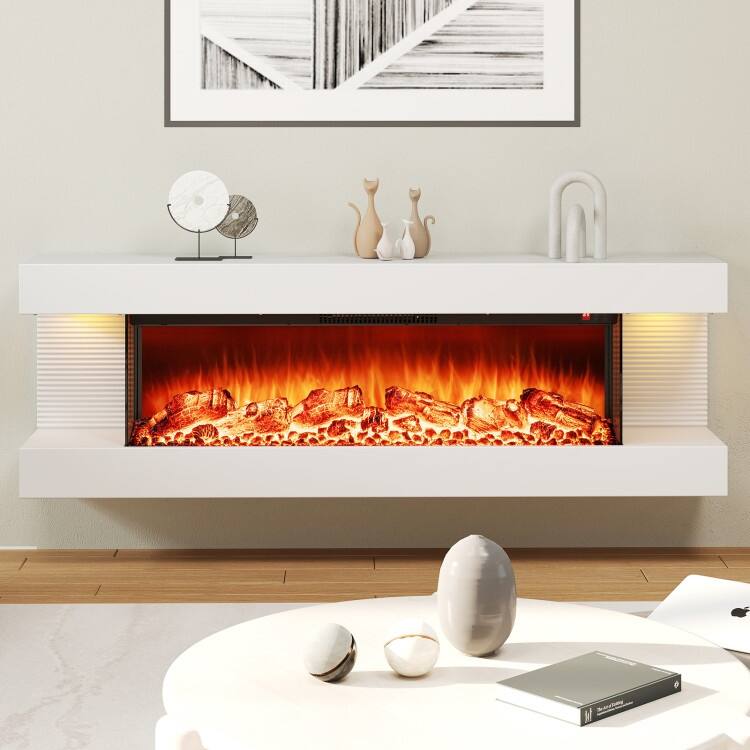 White Wall Mounted Floating Electric Fireplace with and 3-Sided Tempered Glass and Remote Control