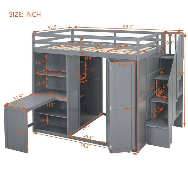 Full Size Grey Wooden Loft Bed w/ Desk, Storage Staircase & Shelves, Built-in Wardrobe w/ Foldable Door Panels for Student Dorms