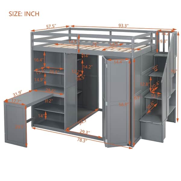 Grey Full Size Bunk Bed with Wardrobe, Desk, and Shelves for Kids